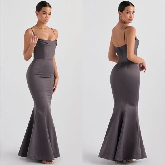 NWT House of CB 'Violette' Shadow Grey Satin Fishtail Maxi Gown XS
